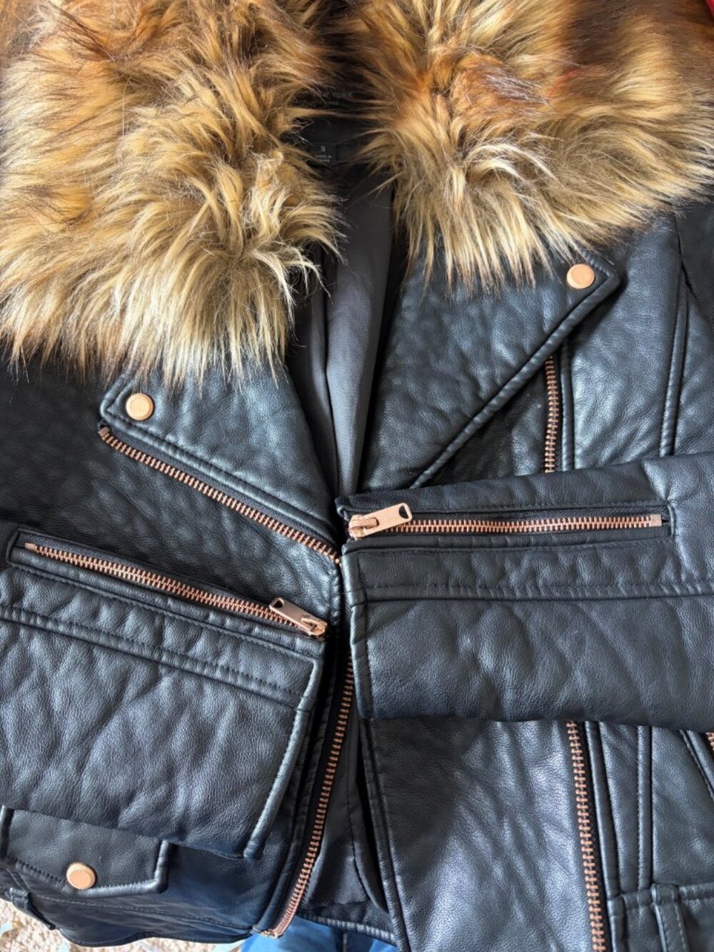 Andrew Marc Faux Bubble Leather Jacket with Faux Fur Collar